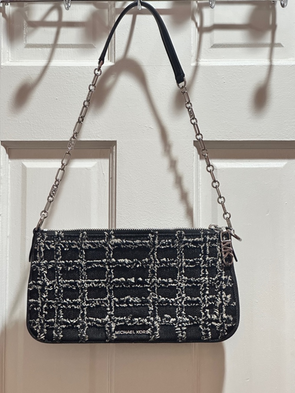 Michael Kors Empire Medium Frayed Black Denim Chain-Link Pouchette
